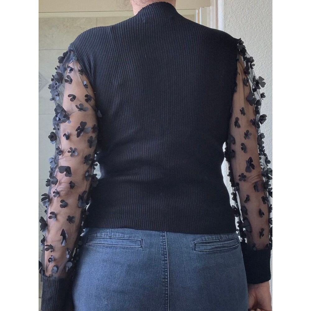 Almost Famous, Ribbed, Mock Sweater, with 3D Floral Mesh Sleeves - Picture 8 of 16